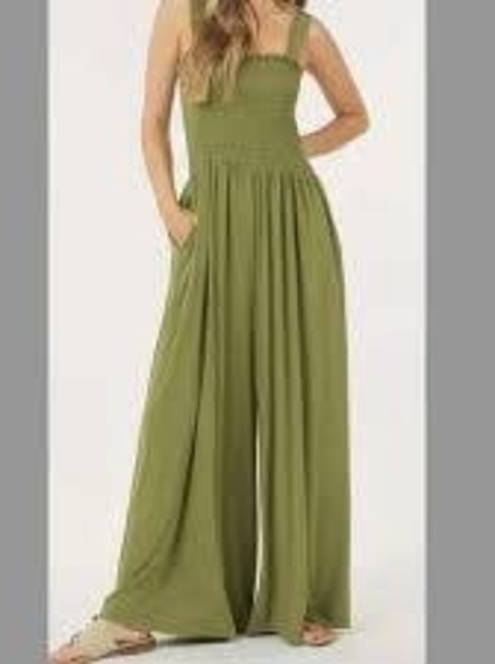 Roxy Olive Smocked Wide-Leg Jumpsuit